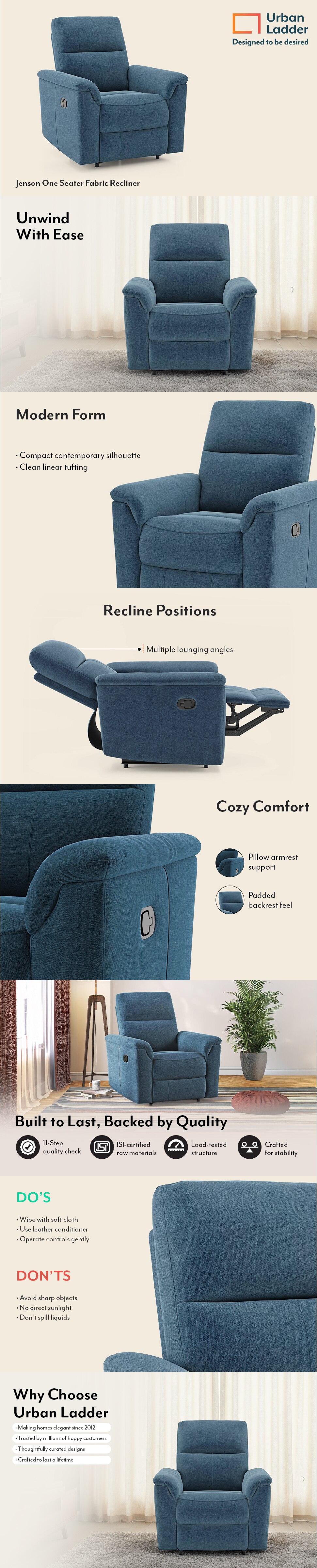 Jenson Fabric One Seater Manual Recliner in Baltic Blue Colour