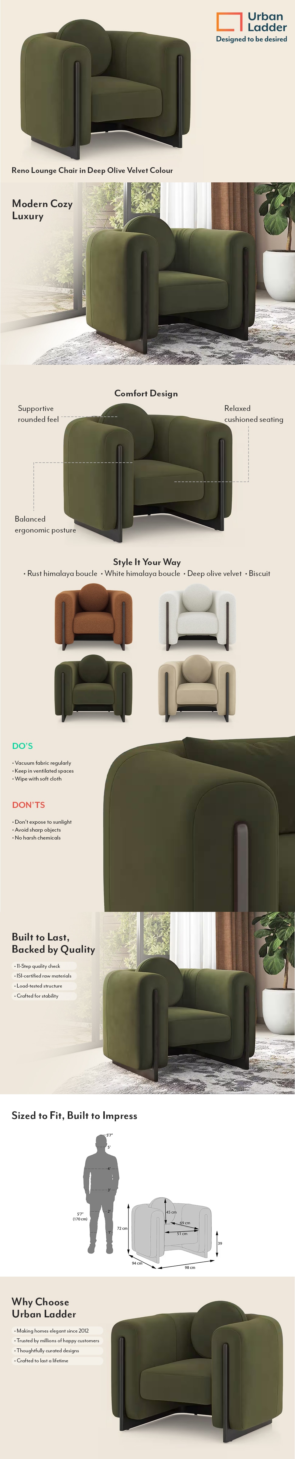 Reno Fabric Lounge Chair in Deep Olive Velvet Colour