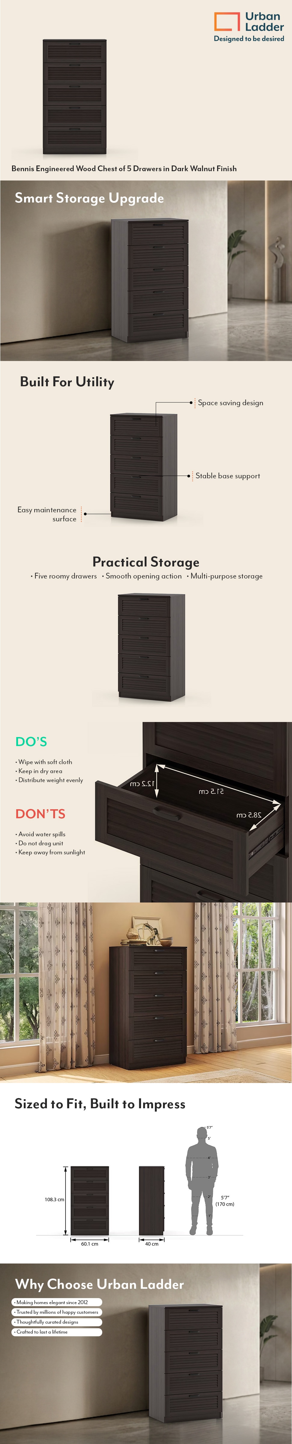 Bennis Engineered Wood Chest of 5 Drawers in Dark Walnut Finish
