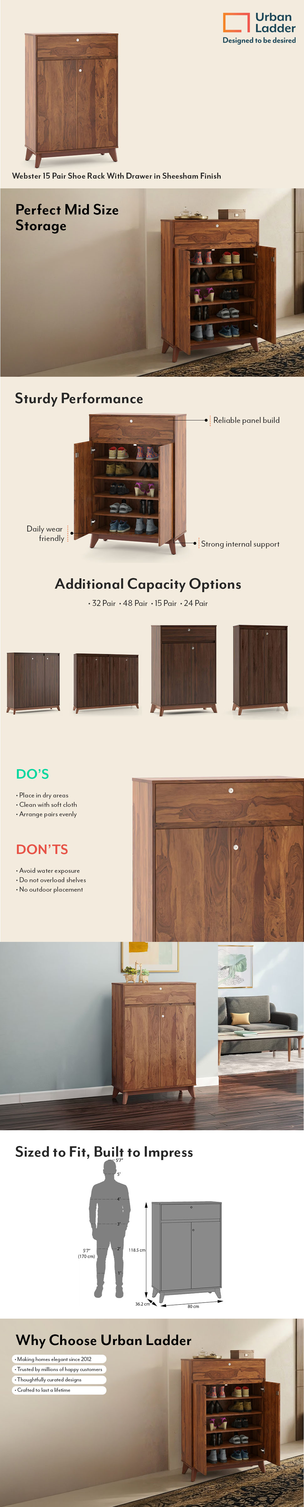 Webster 15 Pair Shoe Rack With Drawer in Sheesham Finish