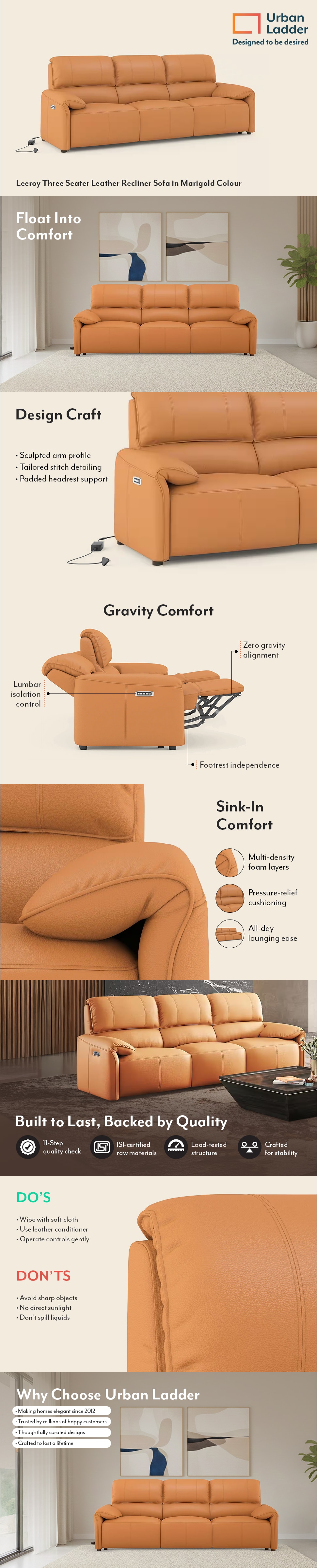 Leeroy Three Seater Leather Recliner Sofa in Marigold Colour