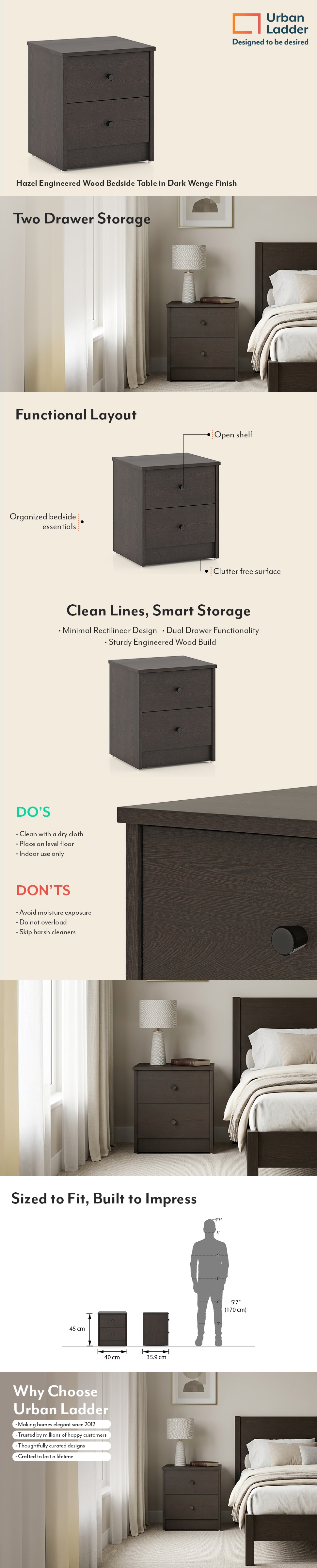Hazel Engineered Wood Bedside Table in Dark Wenge Finish