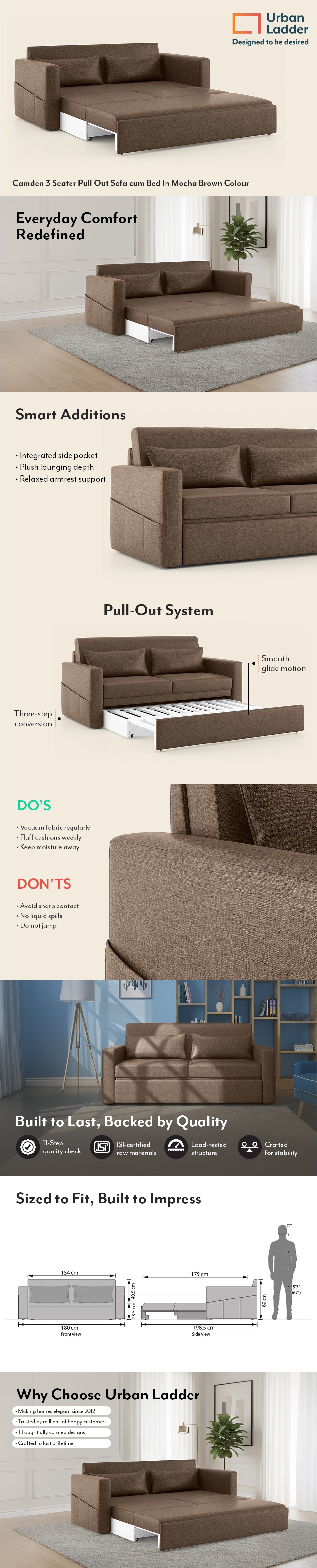 Camden 3 Seater Pull Out Sofa cum Bed In Mocha Brown Colour