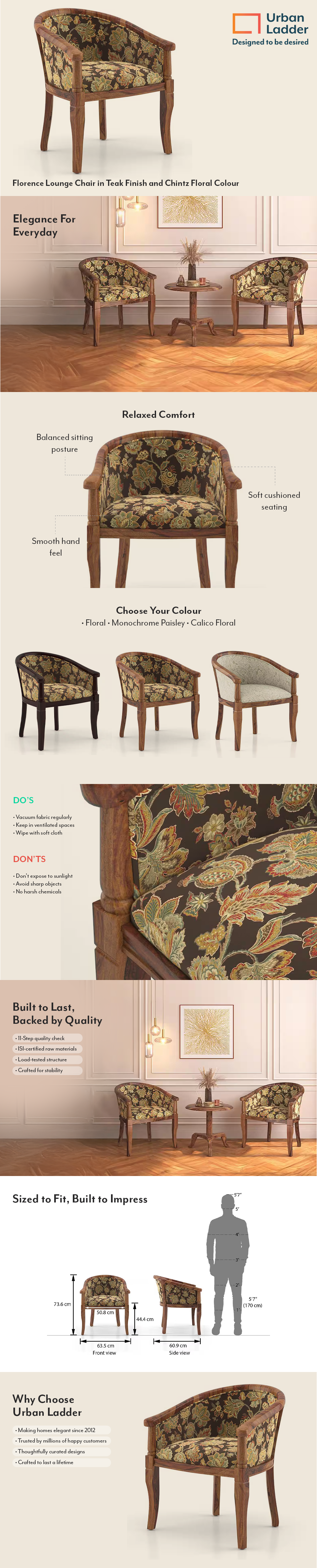 Florence Solid Wood Lounge Chair in Teak Finish and Chintz Floral Colour