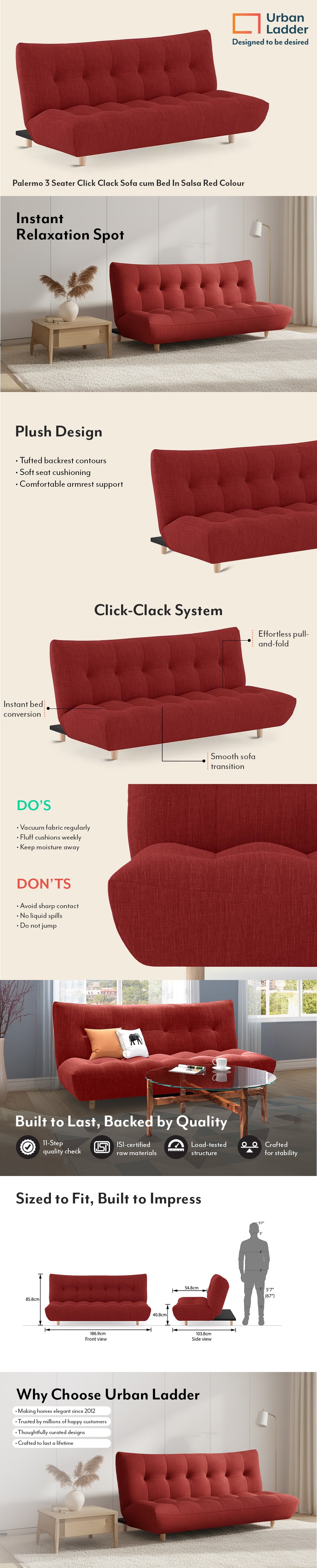 Palermo 3 Seater Click Clack Sofa cum Bed In Salsa Red Colour
