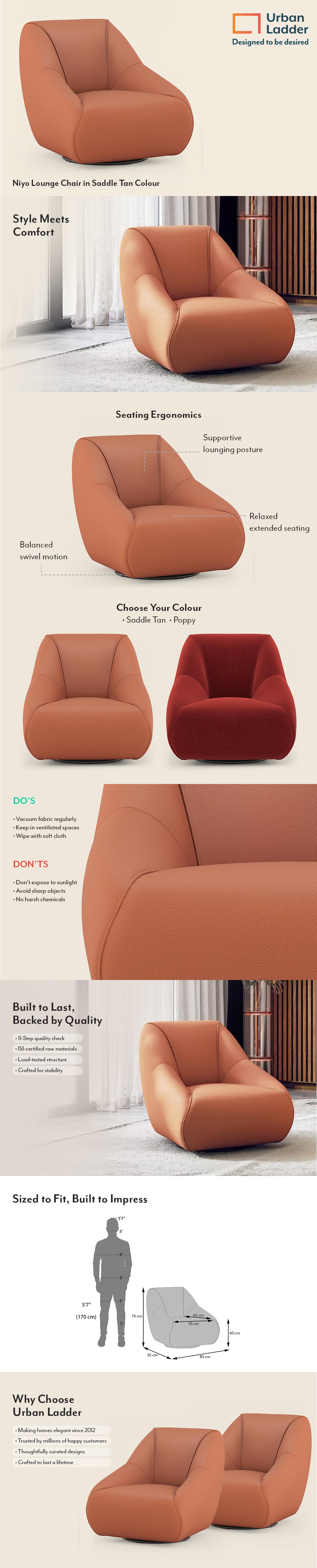 Niyo Leatherette Lounge Chair in Saddle Tan Colour