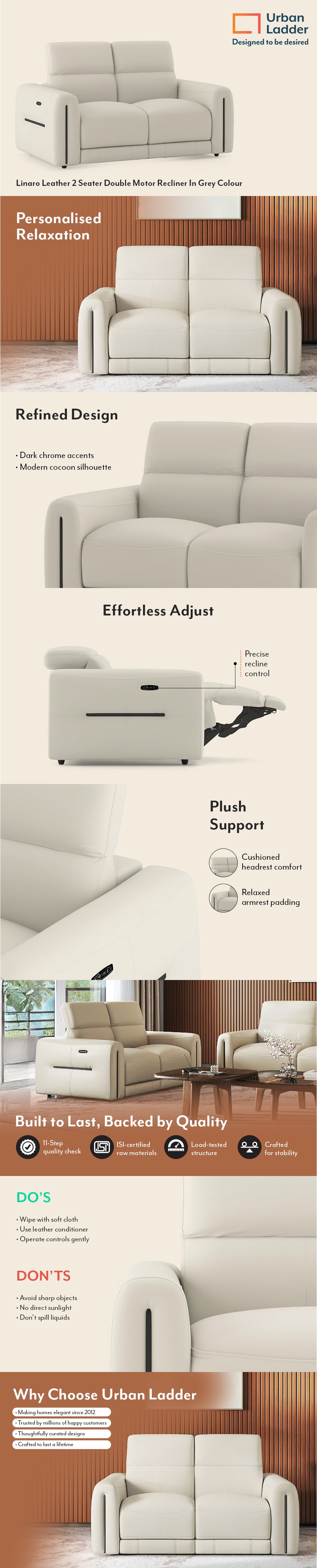 Linaro Leather Two Seater Double Motor Recliner In Grey Colour