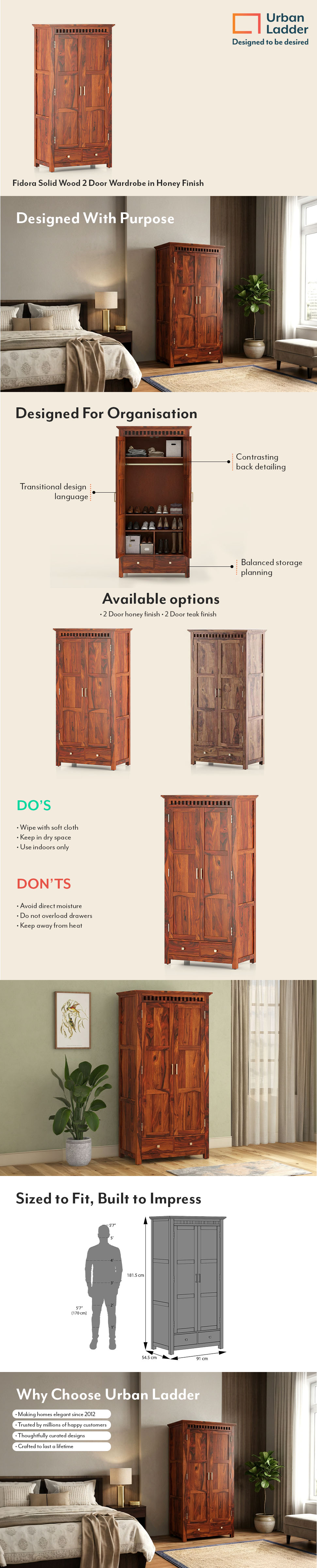 Fidora Solid Wood 2 Door Wardrobe in Honey Finish