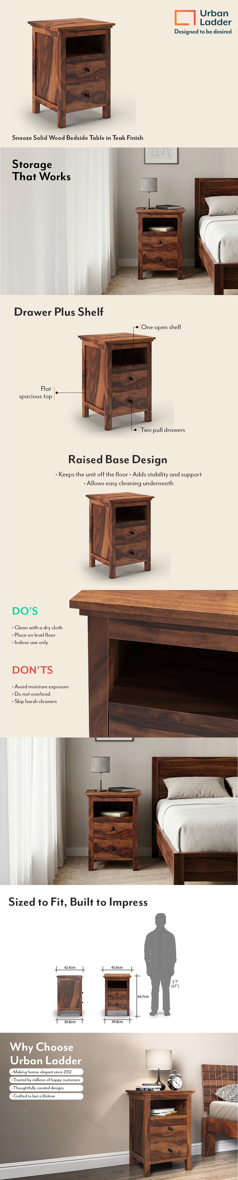 Snooze Solid Wood Bedside Table in Teak Finish