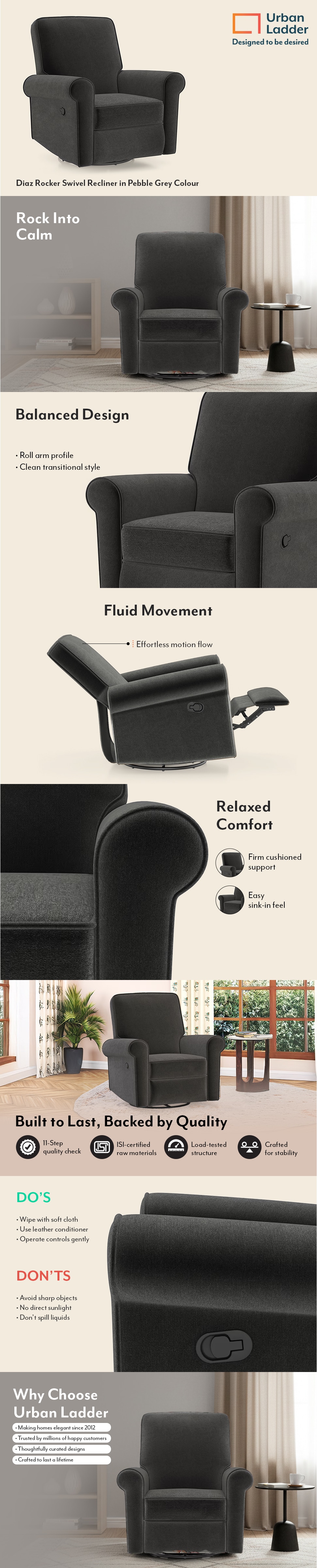 Diaz Rocker Swivel Recliner in Pebble Grey Colour (Fabric Not Available)