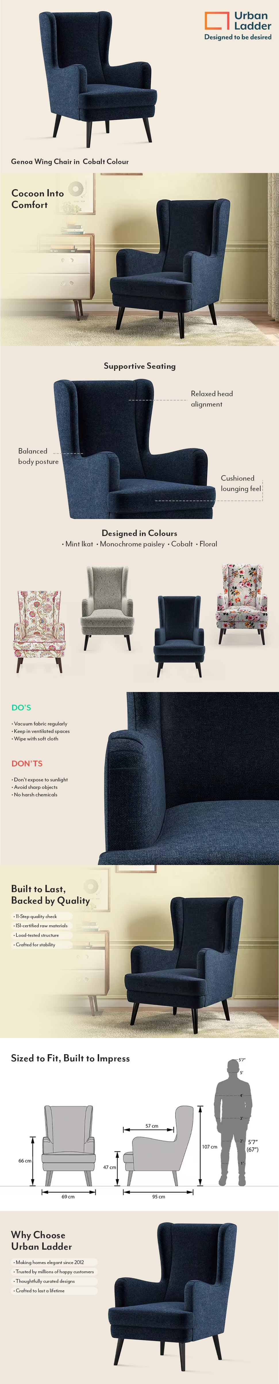 Genoa Fabric Wing Chair in  Cobalt Colour