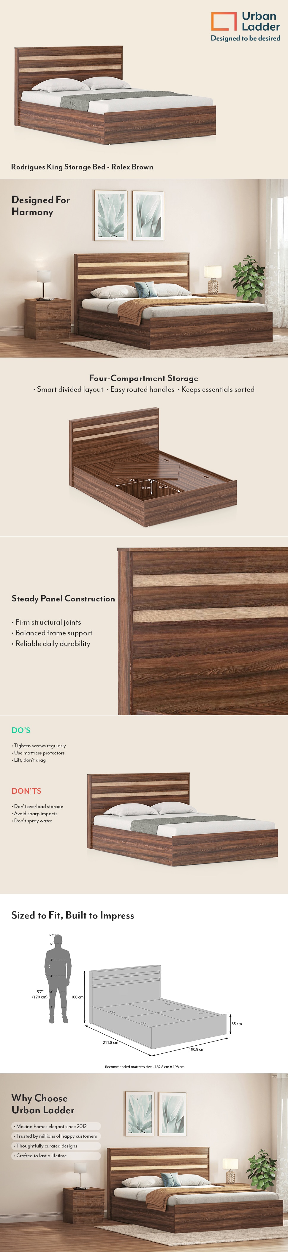 Rodrigues Engineered Wood King Size Bed With Box Storage (Rolex Brown Finish)