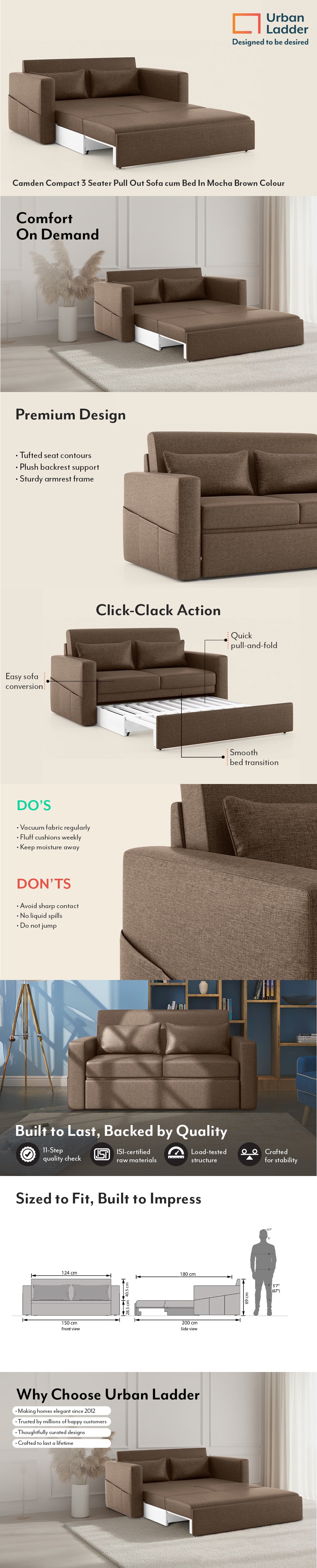 Camden Compact 3 Seater Pull Out Sofa cum Bed In Mocha Brown Colour
