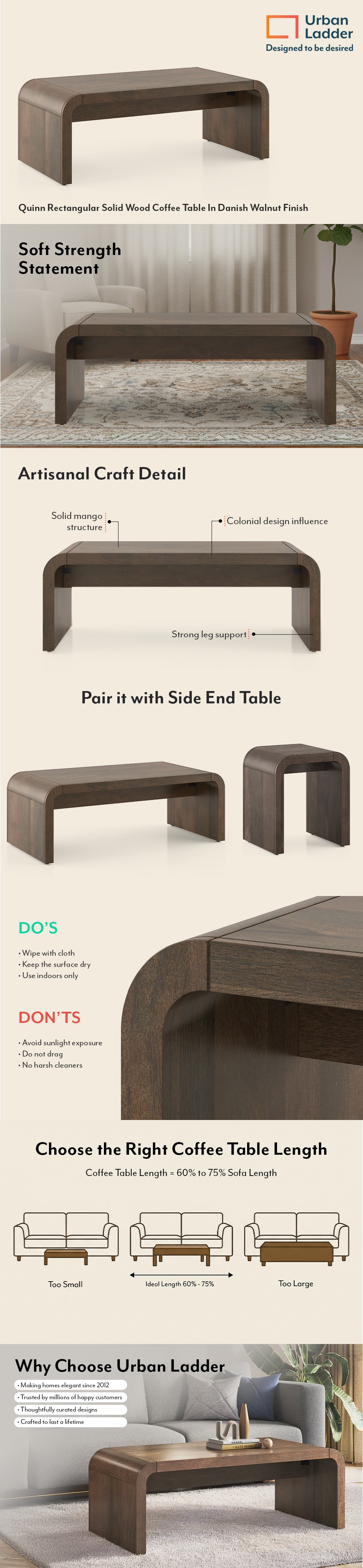 Quinn Rectangular Solid Wood Coffee Table In Danish Walnut Finish