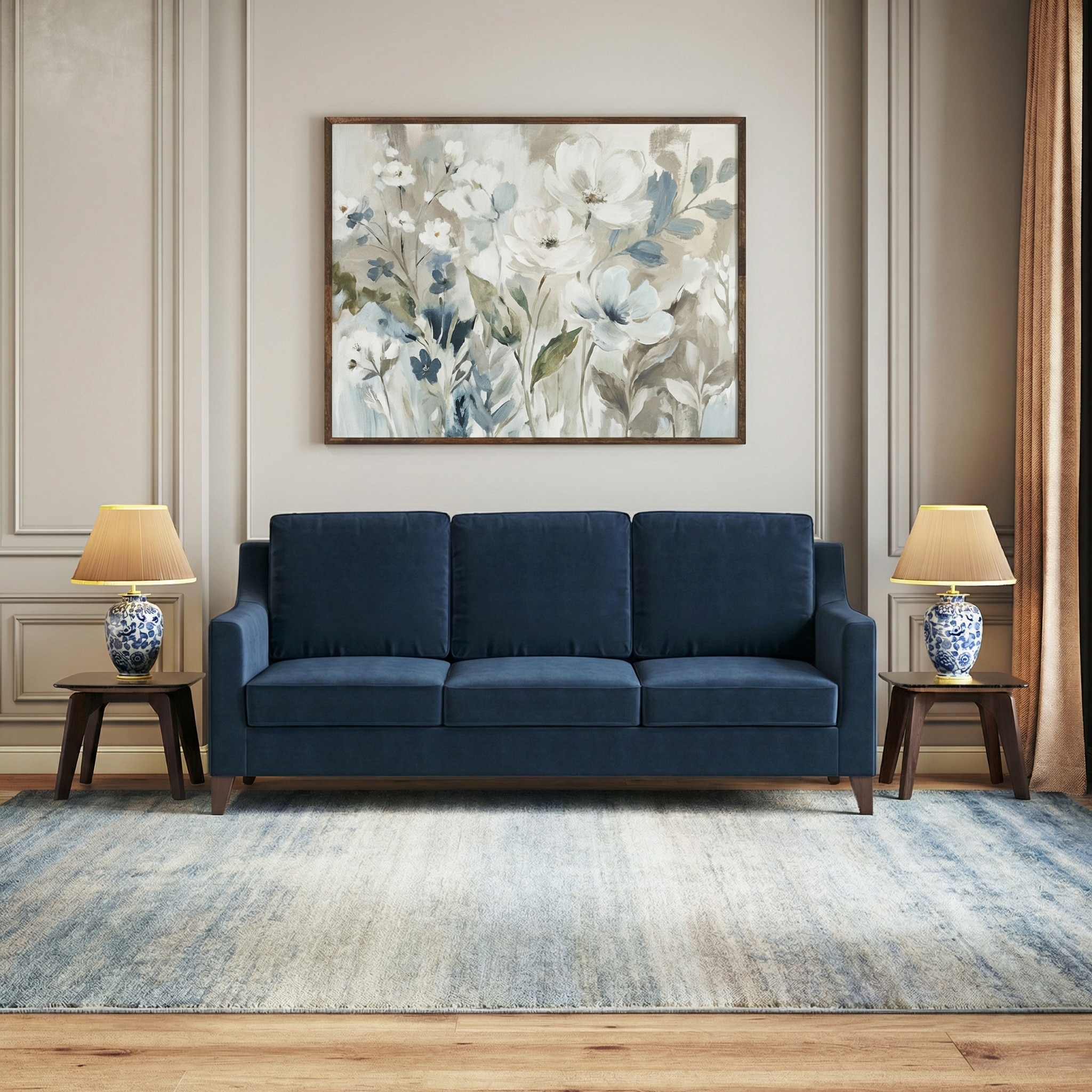 Abbey Sofa Set (Colour : Sea Port Blue Velvet, Cushion : Hard, Seater : 3+1+1)
