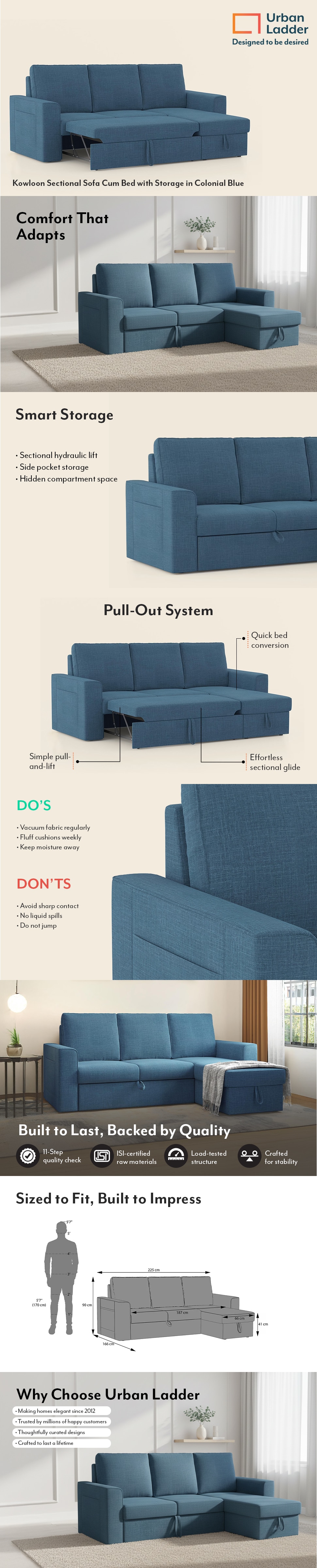 Kowloon Sectional 3 Seater Pull Out  Sofa Cum Bed with Storage in Colonial Blue Colour