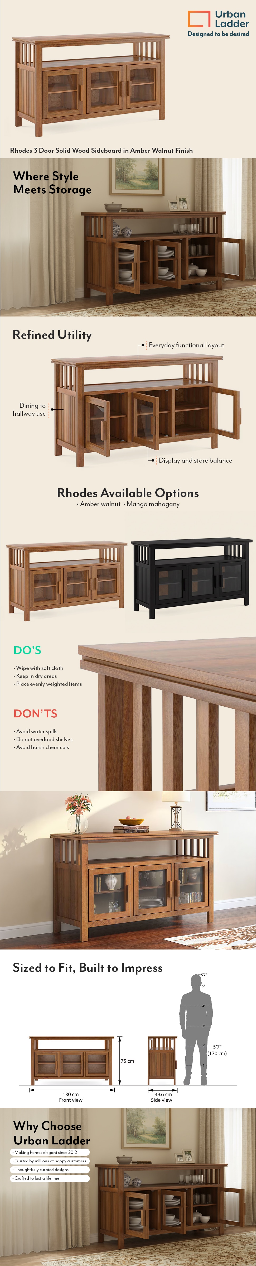 Rhodes 3 Door Solid Wood Sideboard in Amber Walnut Finish