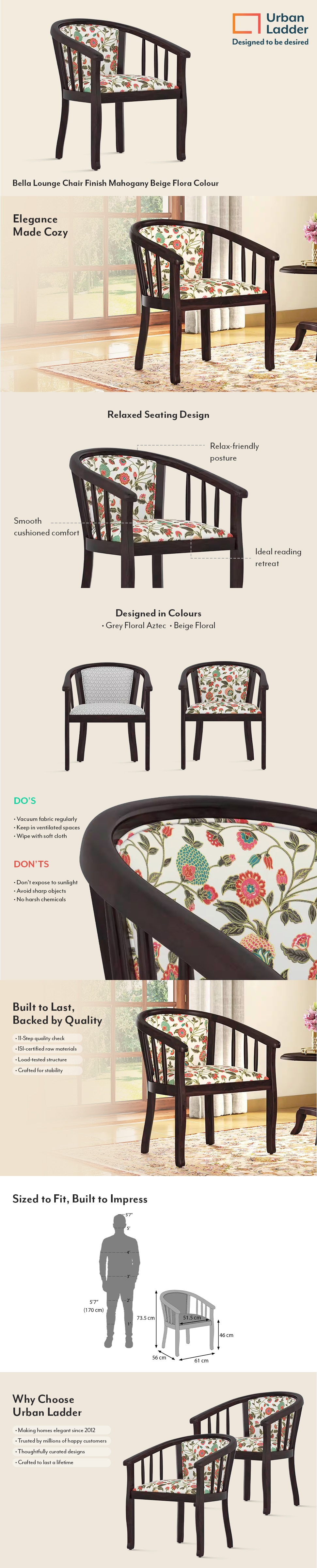 Bella Solid Wood Lounge Chair Finish Mahogany Beige Flora Colour