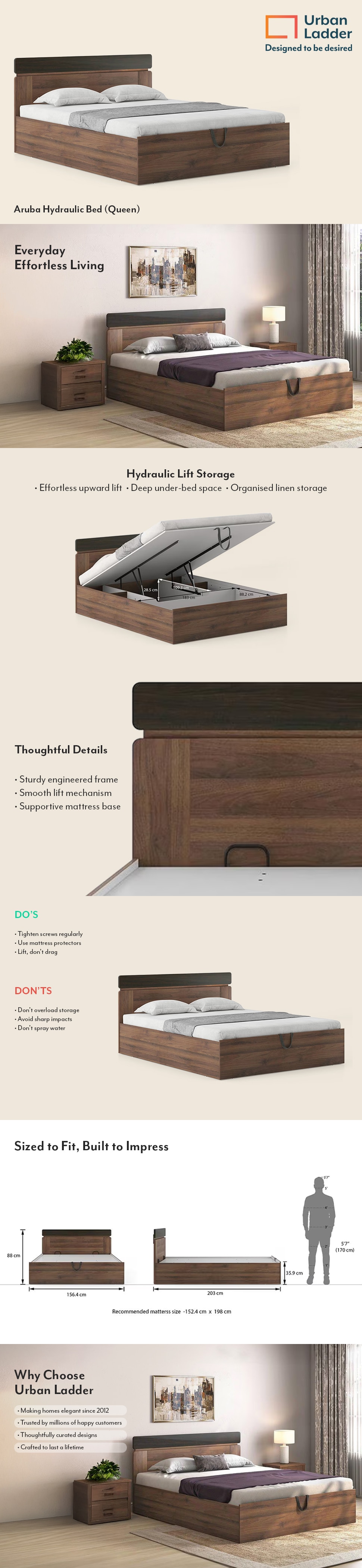 Aruba Engineered Wood Queen Size Bed With Hydraulic Storage (Rustic Walnut Finish)
