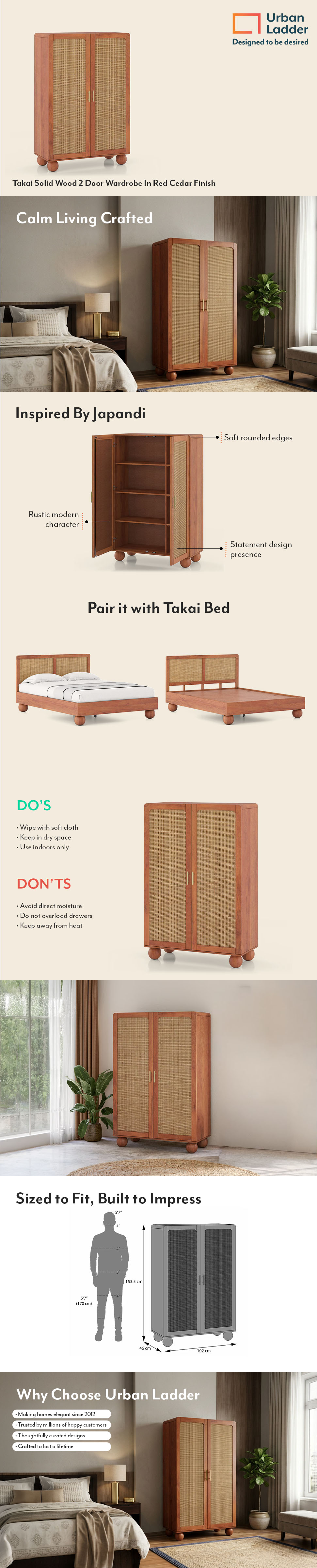 Takai Solid Wood 2 Door Wardrobe In Red Cedar Finish