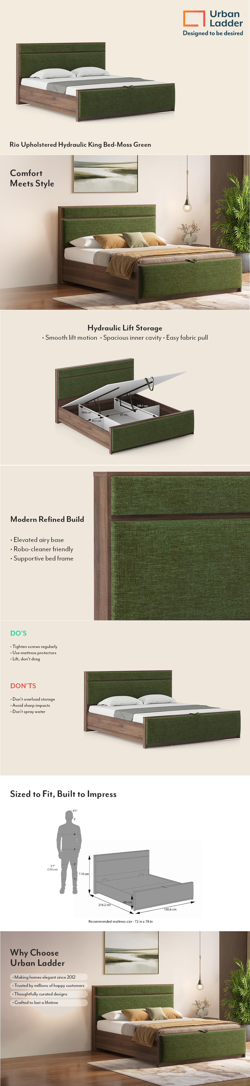 Rio Engineered Wood King Size Bed With Hydraulic Storage (Moss Green Colour)