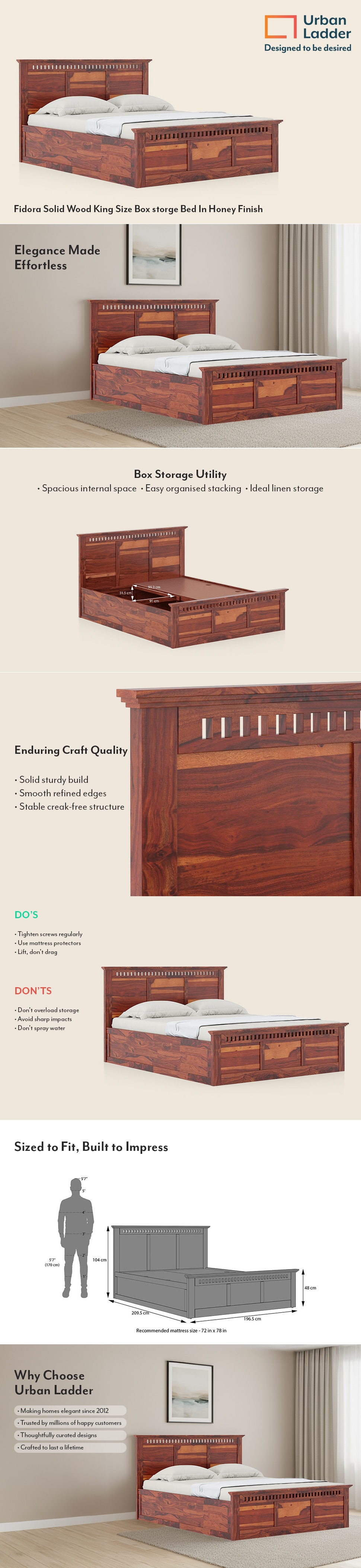 Fidora Solid Wood King Size Bed With Box Storage (Honey Finish)