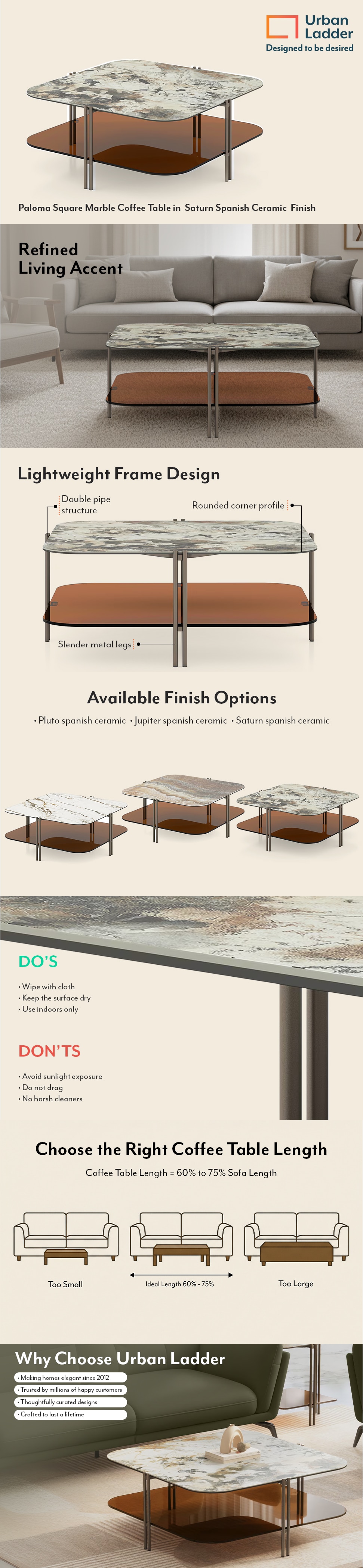 Paloma Square Marble Coffee Table in  Saturn Spanish Ceramic  Finish