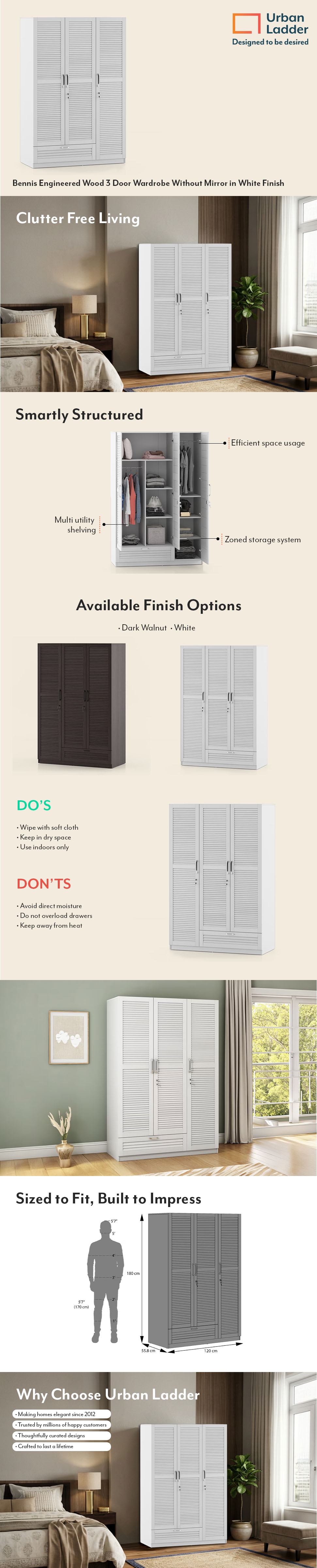 Bennis Engineered Wood 3 Door Wardrobe Without Mirror in White Finish