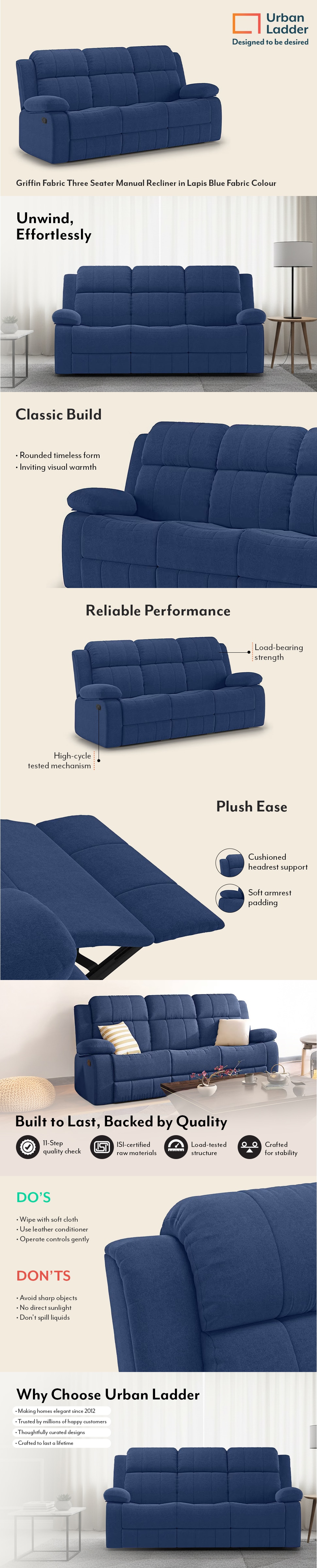 Griffin Fabric Three Seater Manual Recliner in Lapis Blue Fabric Colour
