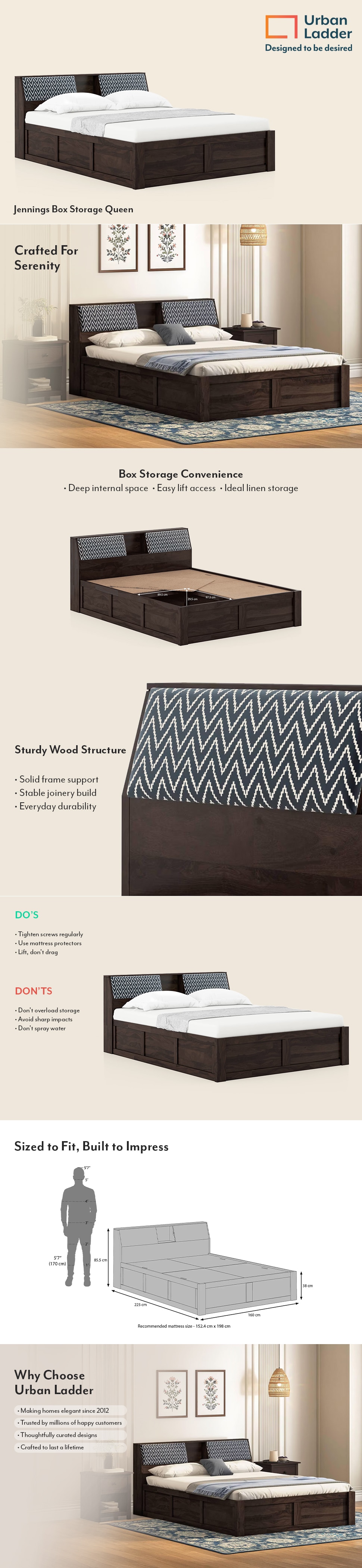 Jennings Solid Wood Queen Size Bed With Box Storage (American Walnut Finish)