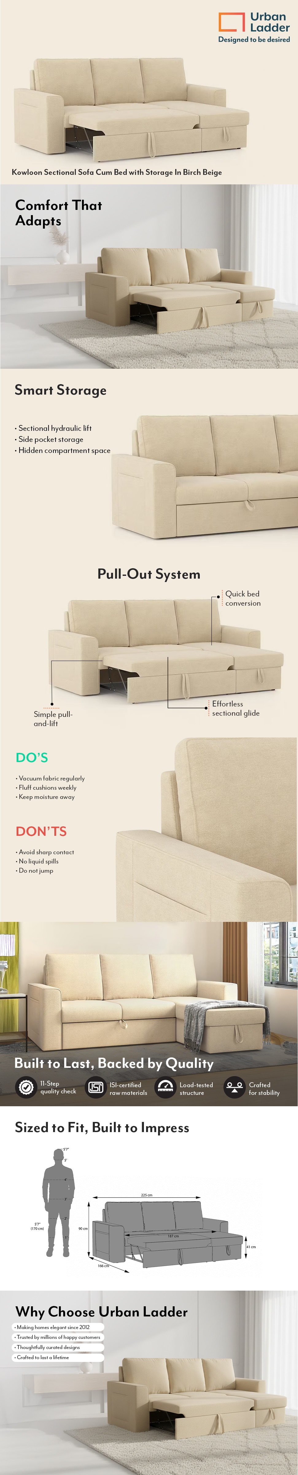 Kowloon Sectional 3 Seater Pull Out  Sofa Cum Bed with Storage In Birch Beige Colour