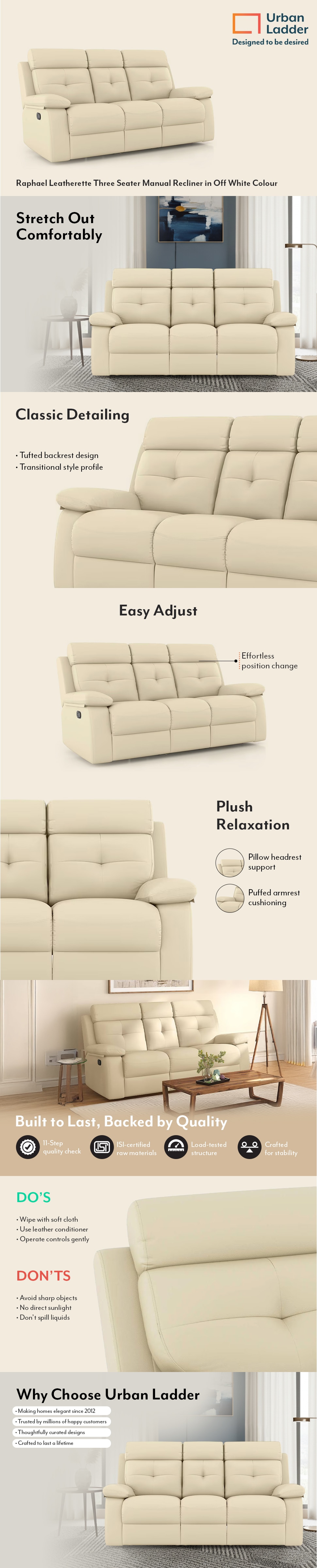 Raphael Leatherette Three Seater Manual Recliner in Off White Colour