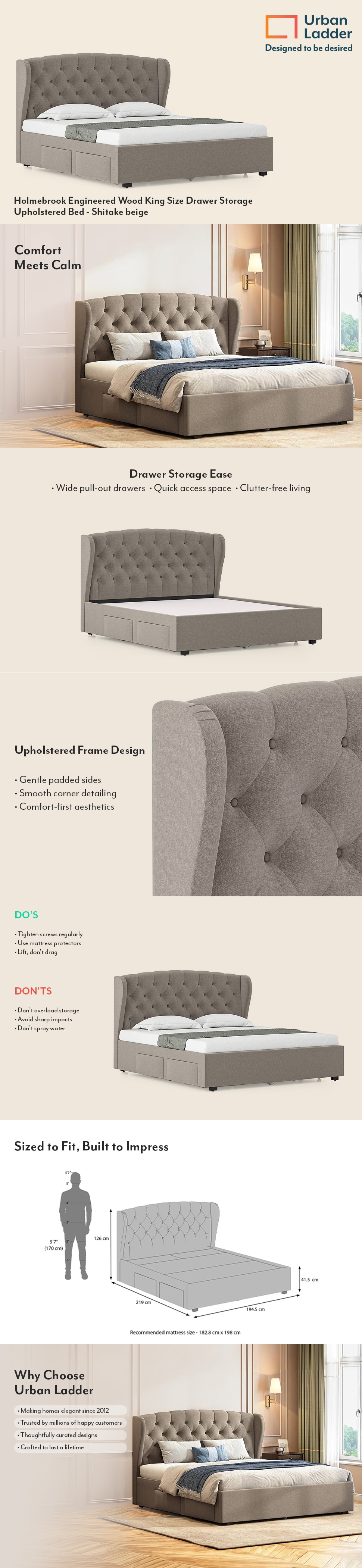 Holmebrook Engineered Wood King Size Bed With Drawer Storage (Beige Finish, Shitake Beige Colour)