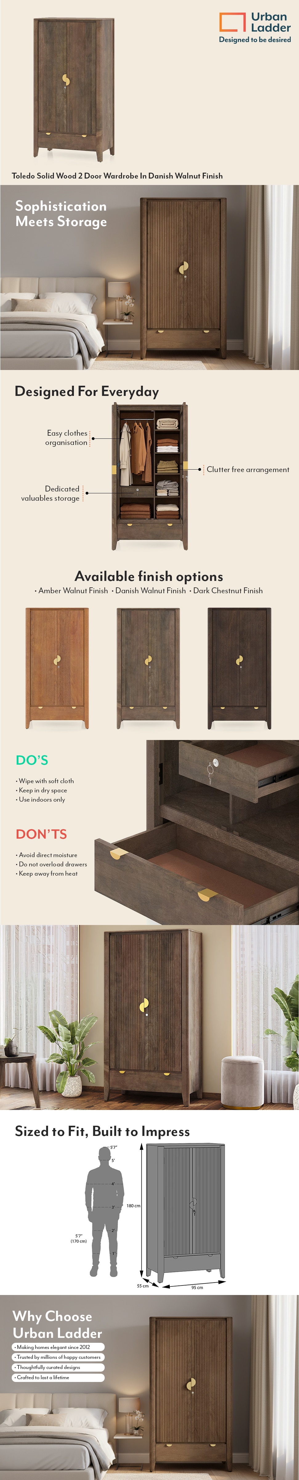 Toledo Solid Wood 2 Door Wardrobe In Danish Walnut Finish