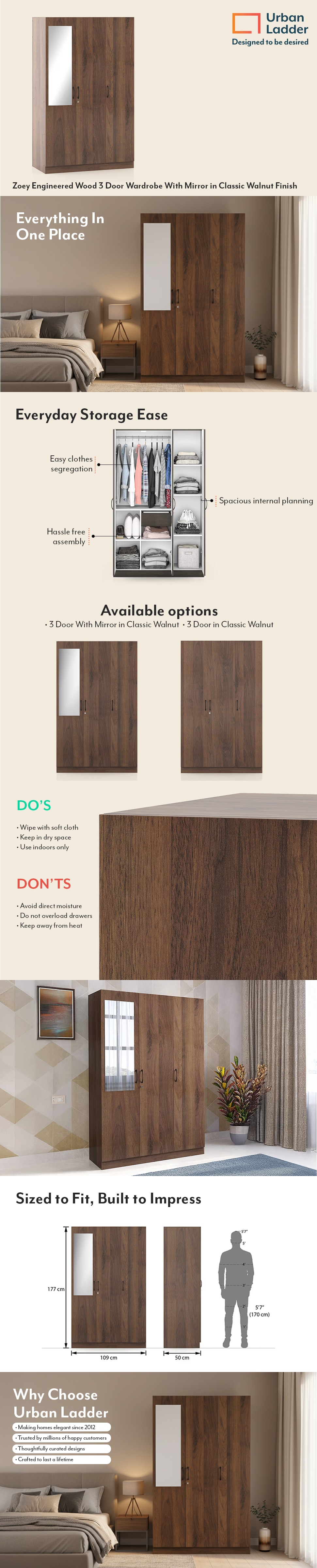 Zoey Engineered Wood 3 Door Wardrobe With Mirror in Classic Walnut Finish