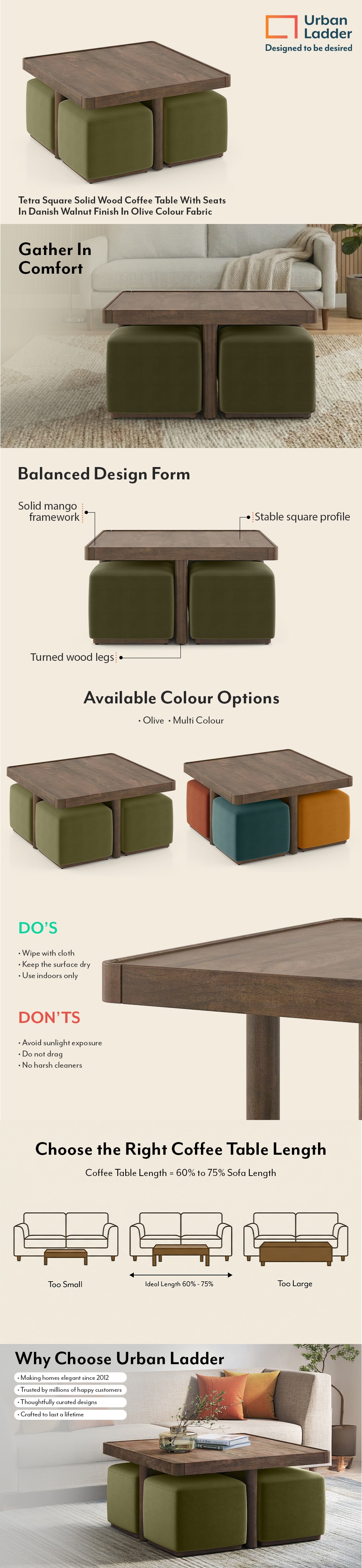 Tetra Square Solid Wood Coffee Table With Seats In Danish Walnut Finish In Olive Colour Fabric