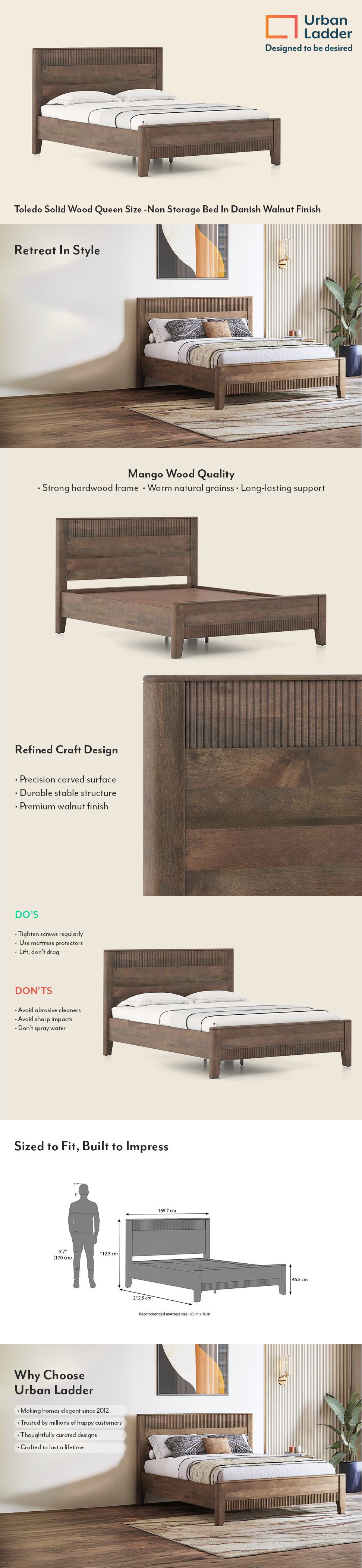Toledo Solid Wood Queen Size Bed Without Storage (Danish Walnut Finish)
