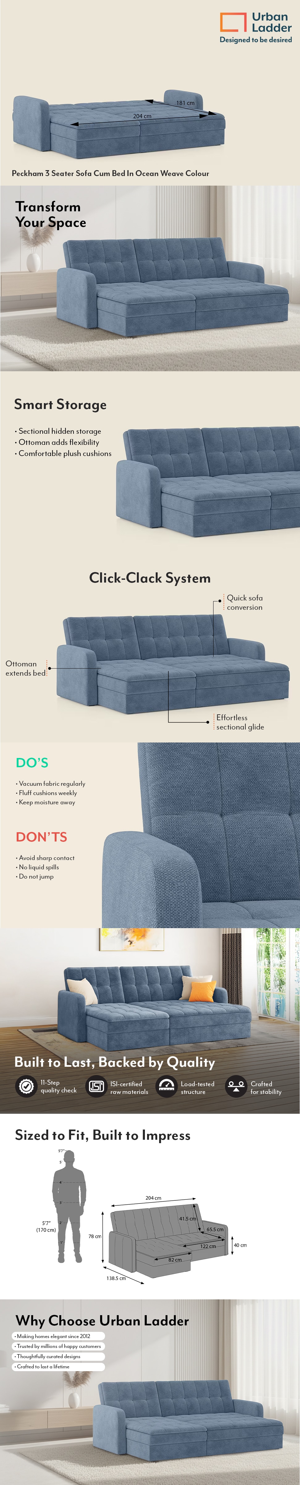 Peckham 3 Seater Click Clack Sofa Cum Bed In Ocean Weave Colour
