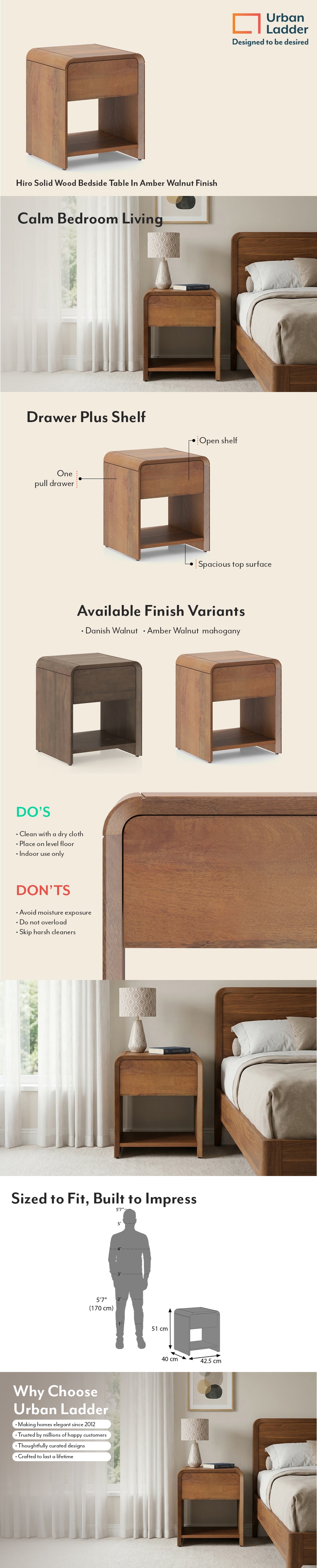 Hiro Solid Wood Bedside Table In Amber Walnut Finish