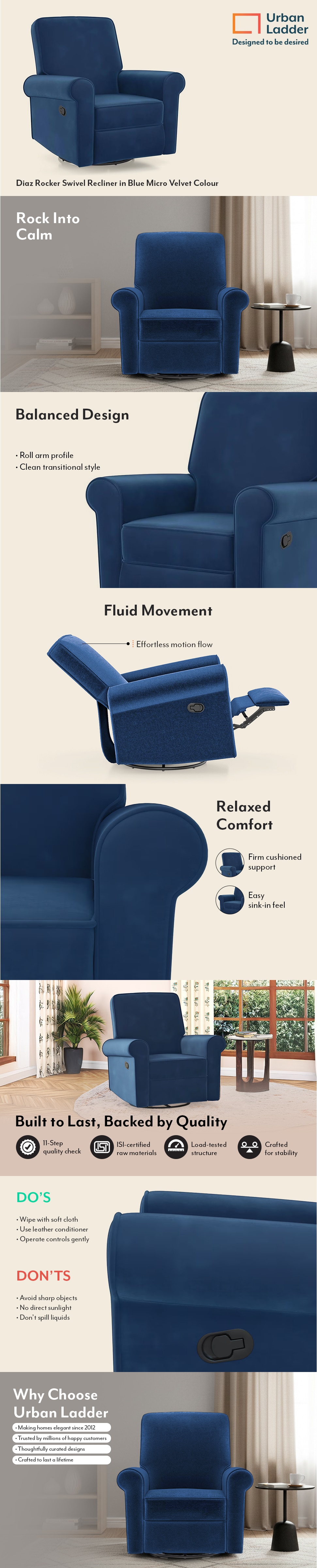Diaz Rocker Swivel Recliner in Blue Micro Velvet Colour