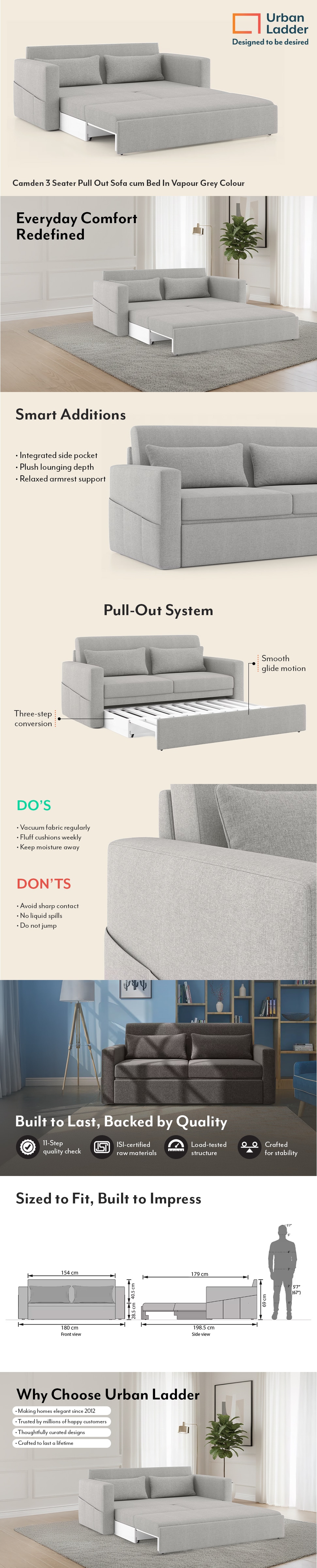 Camden 3 Seater Pull Out Sofa cum Bed In Vapour Grey Colour