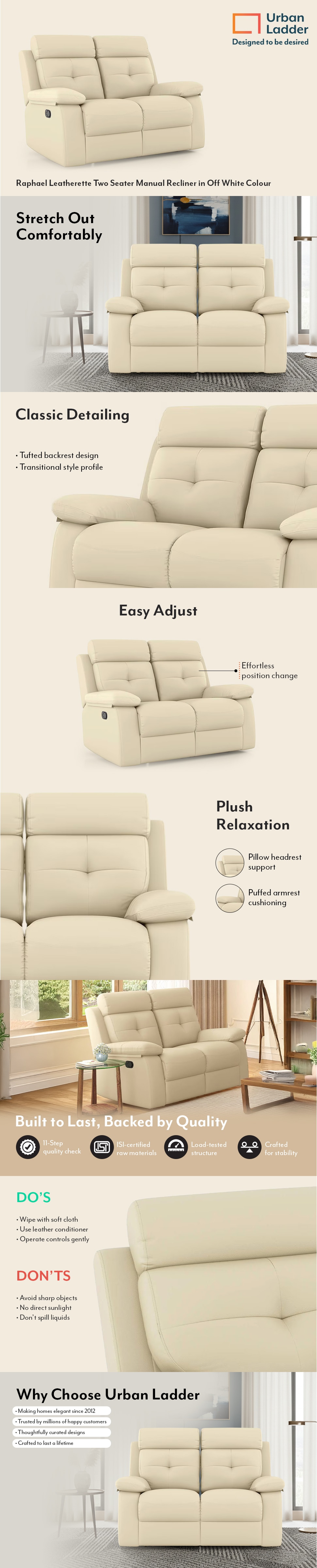Raphael Leatherette Two Seater Manual Recliner in Off White Colour