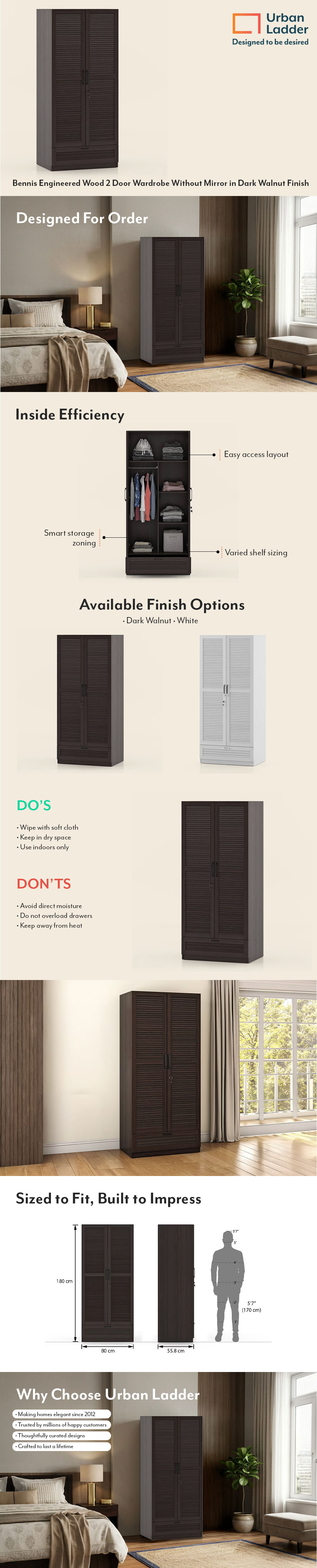 Bennis Engineered Wood 2 Door Wardrobe Without Mirror in Dark Walnut Finish