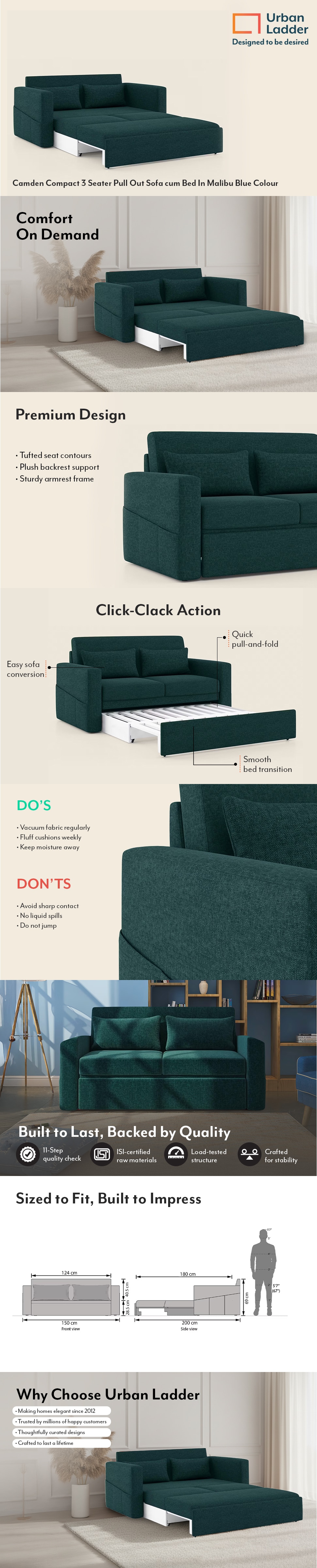 Camden Compact 3 Seater Pull Out Sofa cum Bed In Malibu Blue Colour