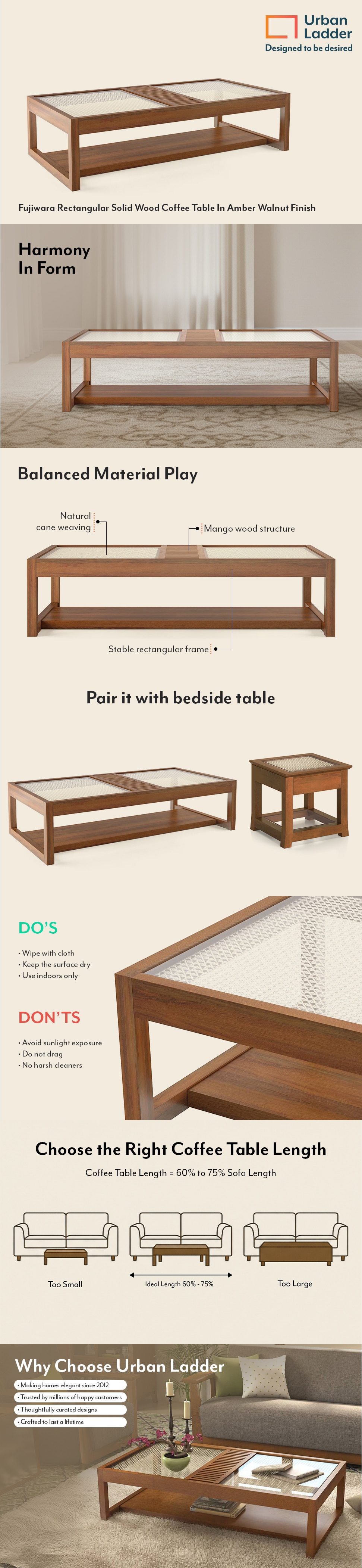 Fujiwara Rectangular Solid Wood Coffee Table In Amber Walnut Finish
