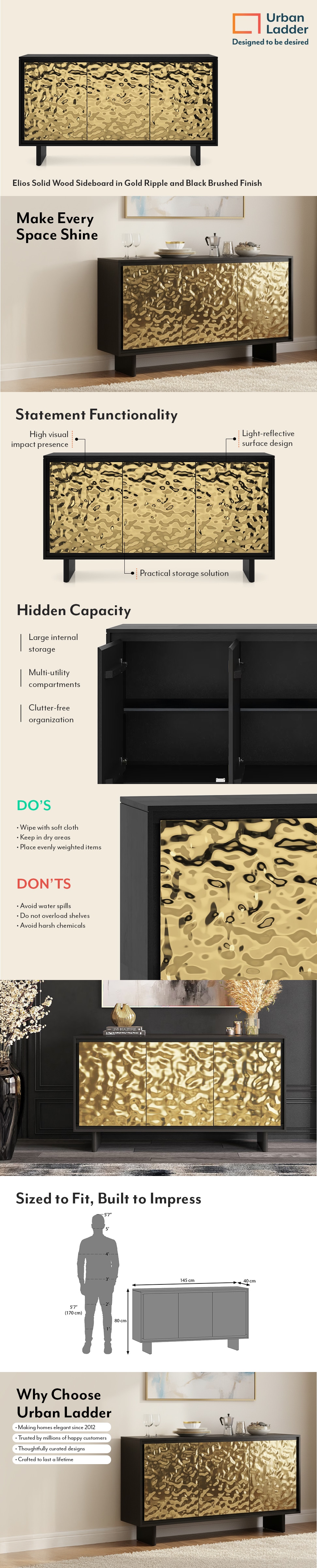 Elios Solid Wood Sideboard in Gold Ripple and Black Brushed Finish