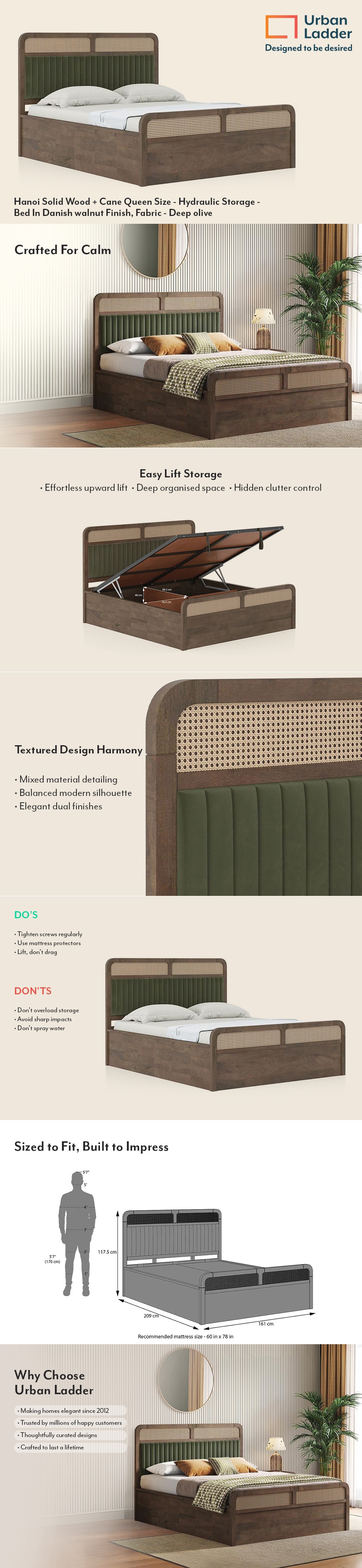 Hanoi Solid Wood Cane Queen Size Bed With Hydraulic Storage (Danish Walnut Finish, Olive Colour)