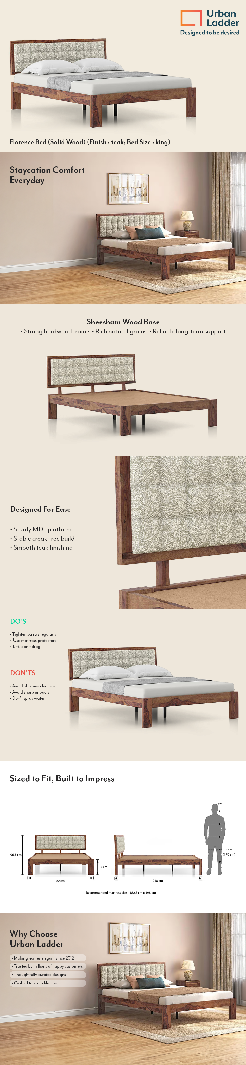 Florence Solid Wood Queen Size Bed Without Storage (Teak Finish, Monochrome Paisley Colour)
