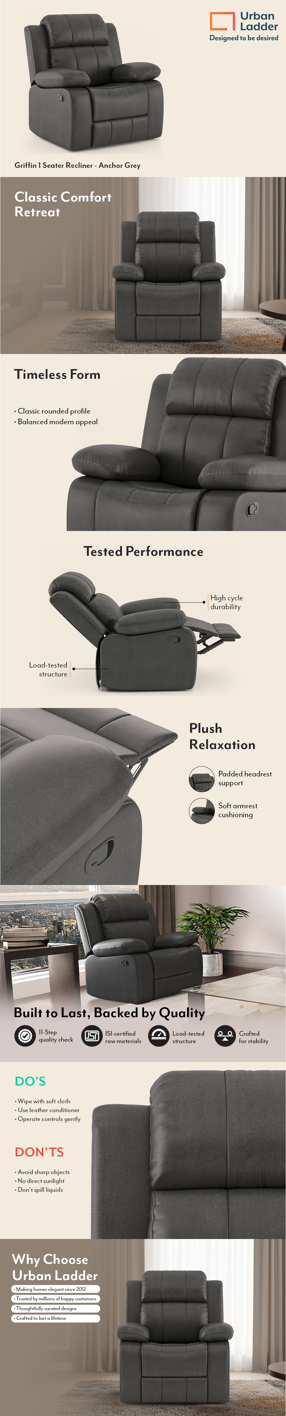 Griffin Leatherette One Seater Manual Recliner in Anchor Grey Colour