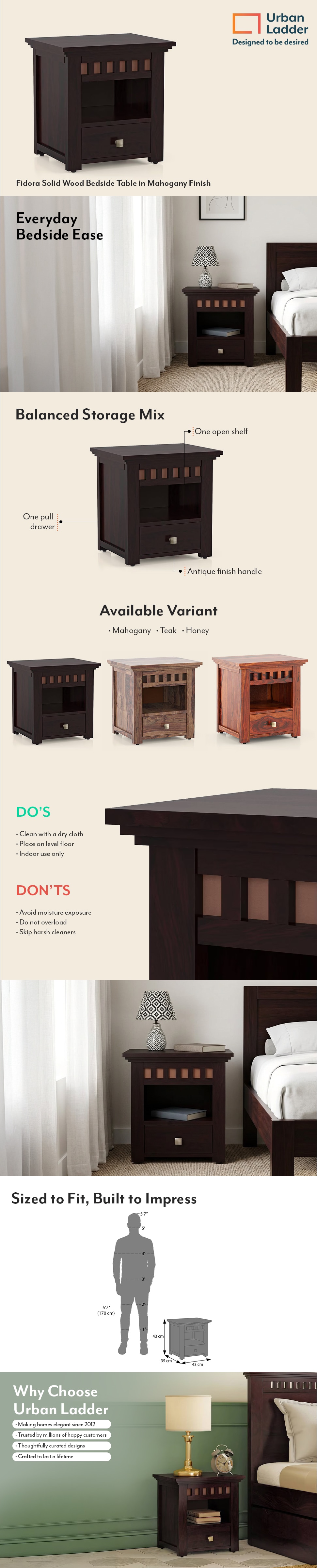 Fidora Solid Wood Bedside Table in Mahogany Finish